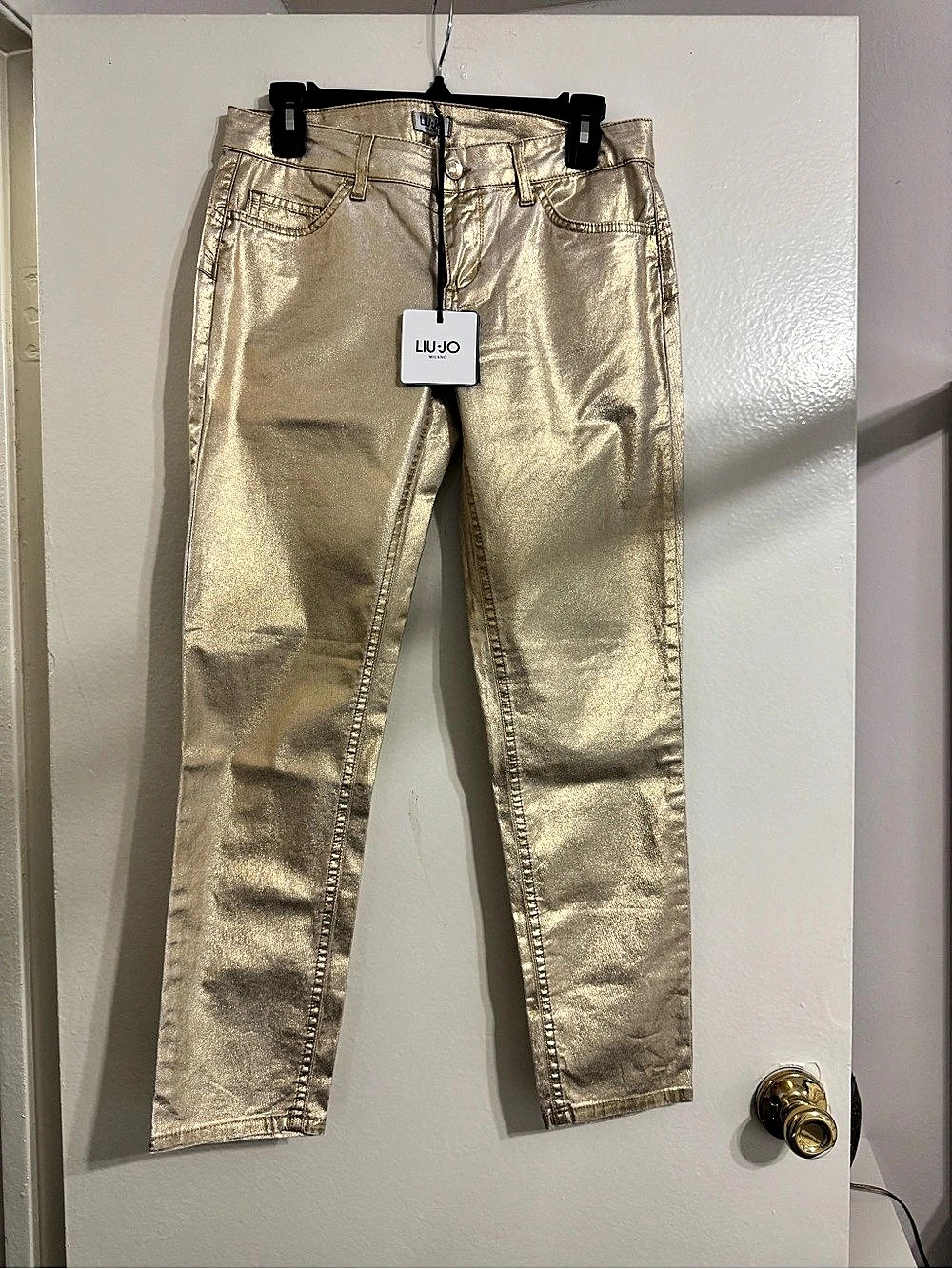 LIU JO Donna 7P Pantalone Metallic Straight Leg Jeans Gold Waist 28 NWT